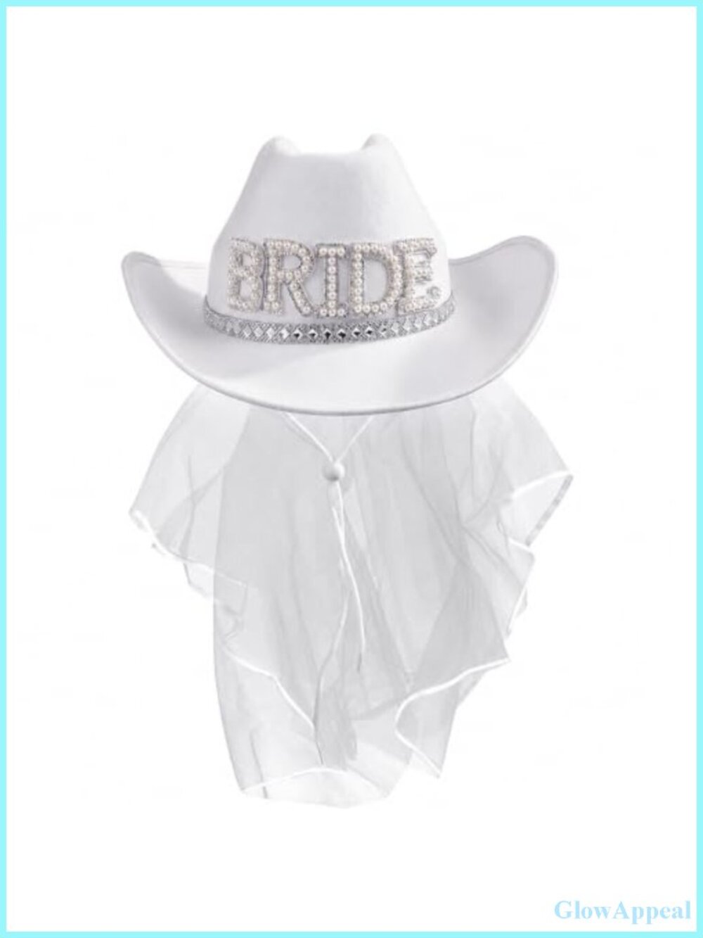 Western Cowboy Hat with Veil, White Bride Pearls & Rhinestones Bachelorette